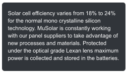 Solar cell efficiency varies from 18% to 24% for the normal mono crystalline silicon technology. MuSolar is constantly working with our panel suppliers to take advantage of new processes and materials. Protected under the optical grade Lexan lens maximum power is collected and stored in the batteries.